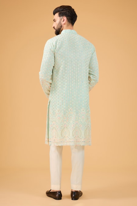 Shop Kasbah Blue Georgette Embroidery Floral Chikankari Kurta at Aza Fashions Shop_Kasbah_Blue Georgette Embroidery Floral Chikankari Kurta _at_Aza_Fashions
