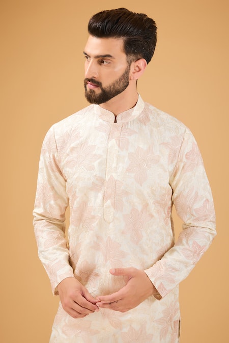 Kasbah_Pink Silk Embroidery Chikankari Kurta _Online_at_Aza_Fashions