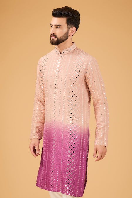 Kasbah_Multi Color Silk Mirrors, Embroidery Ombre Gradient Kurta _Online_at_Aza_Fashions