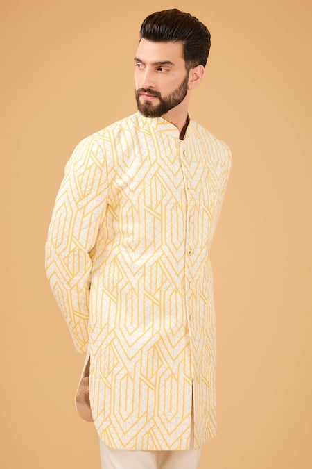 Kasbah_Yellow Silk Zari Thread Embroidered Bandhgala _Online_at_Aza_Fashions