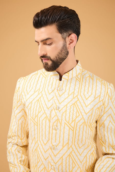 Buy_Kasbah_Yellow Silk Zari Thread Embroidered Bandhgala _Online_at_Aza_Fashions