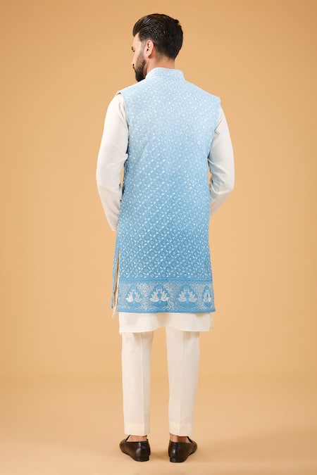 Shop_Kasbah_Blue Georgette Sequins, Embroidery Floral Long Nehru Jacket _at_Aza_Fashions