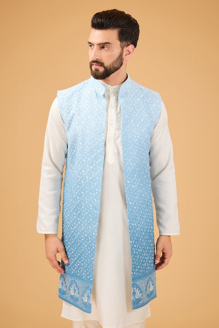 Kasbah_Blue Georgette Sequins, Embroidery Floral Long Nehru Jacket _Online_at_Aza_Fashions