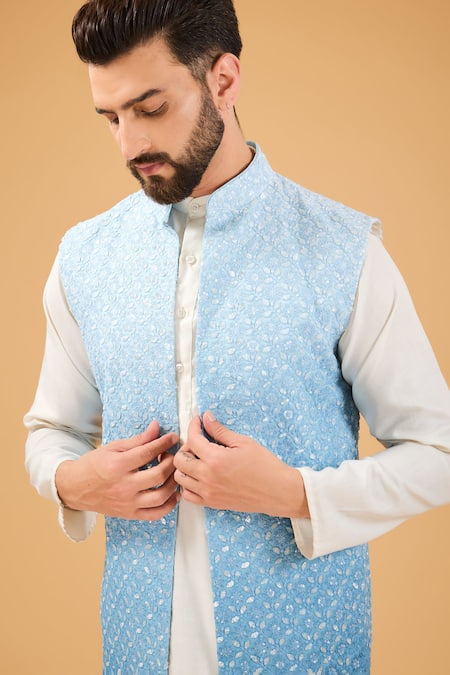 Buy_Kasbah_Blue Georgette Sequins, Embroidery Floral Long Nehru Jacket _Online_at_Aza_Fashions