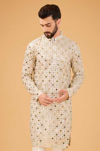 Kasbah_Ivory Georgette Mirrors, Embroidery Kurta _Online_at_Aza_Fashions