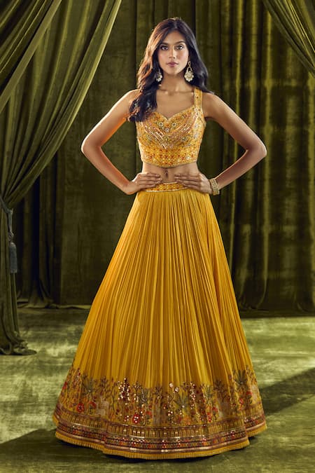 Aariyana Couture_Yellow Silk, Organza, Georgette Sequins, Beads, Floral Hand Lehenga Set _Online_at_Aza_Fashions