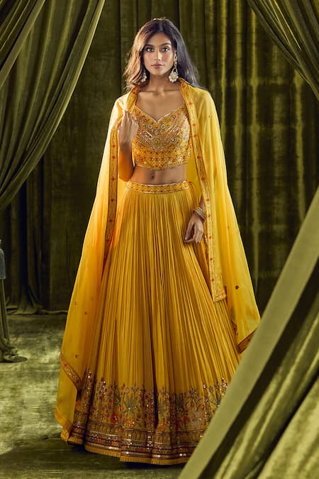 Buy_Aariyana Couture_Yellow Silk, Organza, Georgette Sequins, Beads, Floral Hand Lehenga Set _Online_at_Aza_Fashions