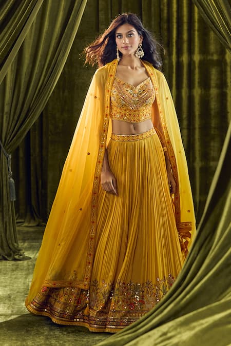 Shop_Aariyana Couture_Yellow Silk, Organza, Georgette Sequins, Beads, Floral Hand Lehenga Set _Online_at_Aza_Fashions