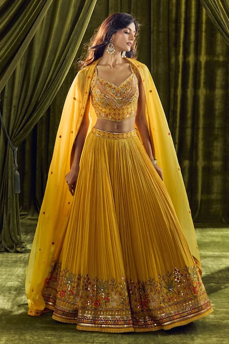 Shop_Aariyana Couture_Yellow Silk, Organza, Georgette Sequins, Beads, Floral Hand Lehenga Set 