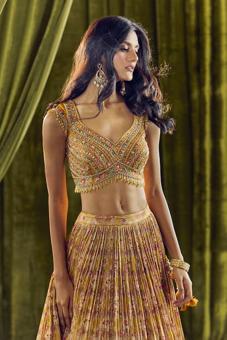 Buy_Aariyana Couture_Yellow Silk, Organza, Georgette Beads, Sequins, Geometric Print Lehenga Set _Online_at_Aza_Fashions