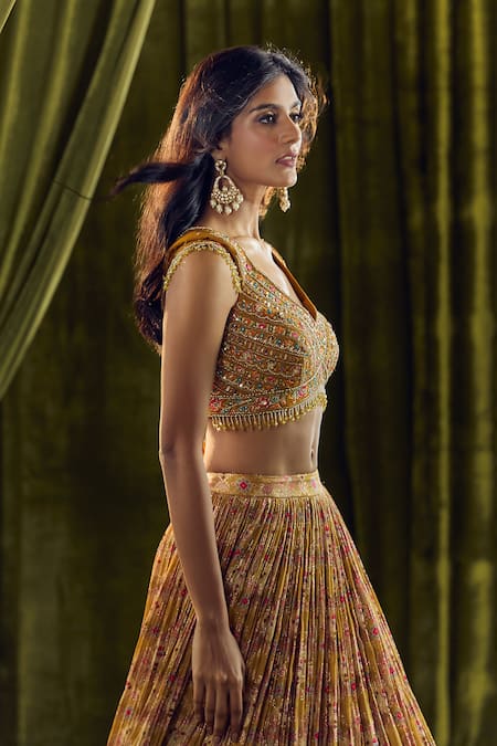 Shop_Aariyana Couture_Yellow Silk, Organza, Georgette Beads, Sequins, Geometric Print Lehenga Set _Online_at_Aza_Fashions