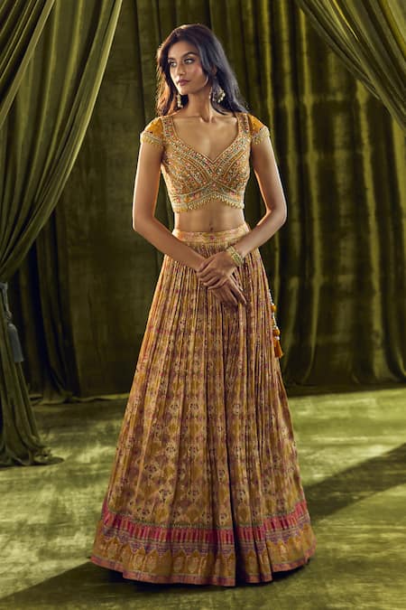 Aariyana Couture_Yellow Silk, Organza, Georgette Beads, Sequins, Geometric Print Lehenga Set _at_Aza_Fashions