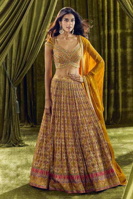 Buy_Aariyana Couture_Yellow Silk, Organza, Georgette Beads, Sequins, Geometric Print Lehenga Set 