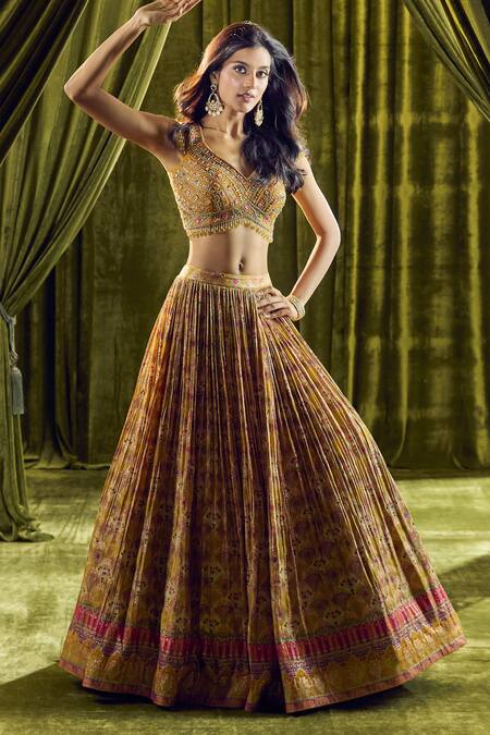 Shop_Aariyana Couture_Yellow Silk, Organza, Georgette Beads, Sequins, Geometric Print Lehenga Set 
