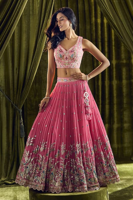 Ariyana By Aza_Pink Silk, Organza Pearls, Sequins, Embroidery Butterfly Lehenga Set _Online_at_Aza_Fashions
