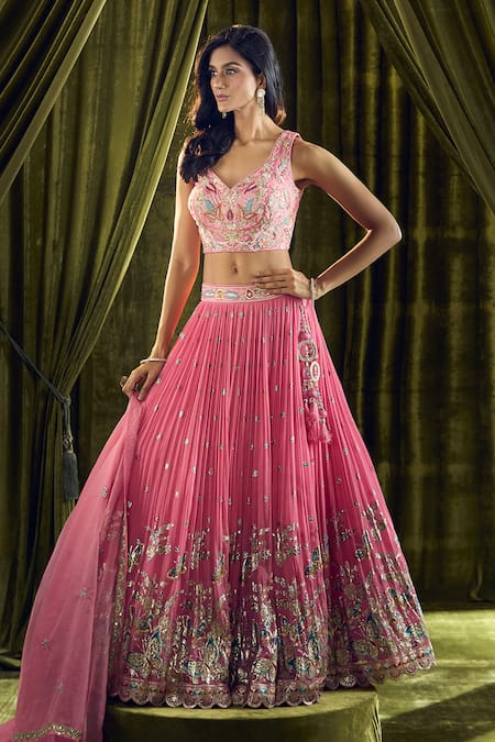 Buy_Ariyana By Aza_Pink Silk, Organza Pearls, Sequins, Embroidery Butterfly Lehenga Set _Online_at_Aza_Fashions