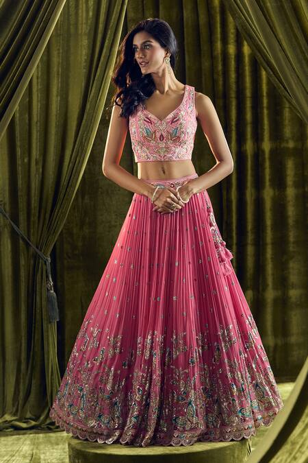 Shop_Ariyana By Aza_Pink Silk, Organza Pearls, Sequins, Embroidery Butterfly Lehenga Set _Online_at_Aza_Fashions