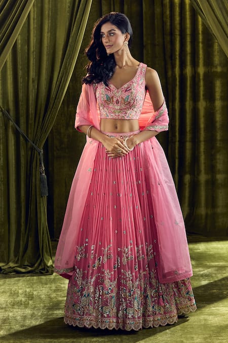 Shop_Ariyana By Aza_Pink Silk, Organza Pearls, Sequins, Embroidery Butterfly Lehenga Set 
