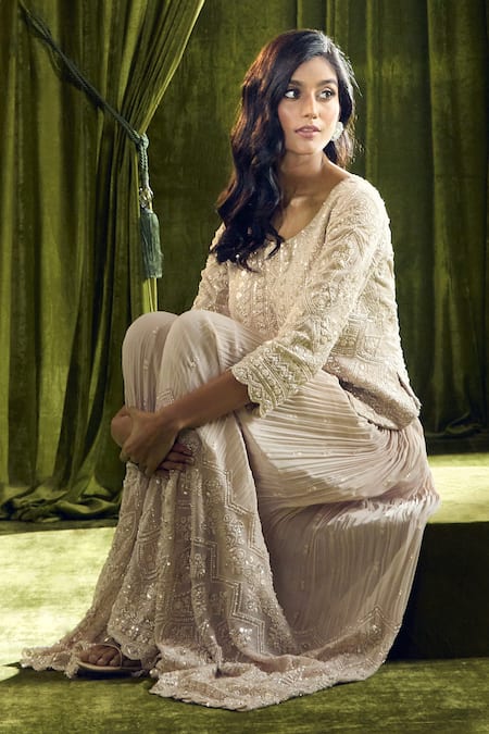 Samyukta Singhania_Beige Georgette Pearls, Sequins, Beads Hand Embroidered Jacket And Sharara Set _at_Aza_Fashions