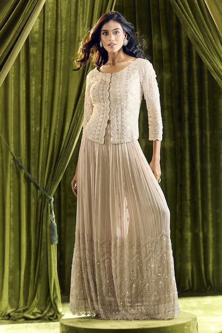 Buy_Samyukta Singhania_Beige Georgette Pearls, Sequins, Beads Hand Embroidered Jacket And Sharara Set 