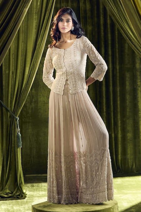 Shop_Samyukta Singhania_Beige Georgette Pearls, Sequins, Beads Hand Embroidered Jacket And Sharara Set 
