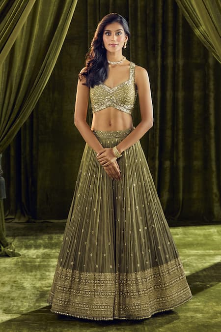 Ariyana By Aza Green Silk, Organza Cut Work, Sequins, Zari Hand Embroidered Lehenga Set Online at Aza Fashions Ariyana By Aza_Green Silk, Organza Cut Work, Sequins, Zari Hand Embroidered Lehenga Set _Online_at_Aza_Fashions