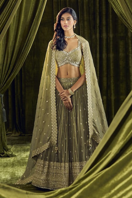 Shop Ariyana By Aza Green Silk, Organza Cut Work, Sequins, Zari Hand Embroidered Lehenga Set Online at Aza Fashions Shop_Ariyana By Aza_Green Silk, Organza Cut Work, Sequins, Zari Hand Embroidered Lehenga Set _Online_at_Aza_Fashions