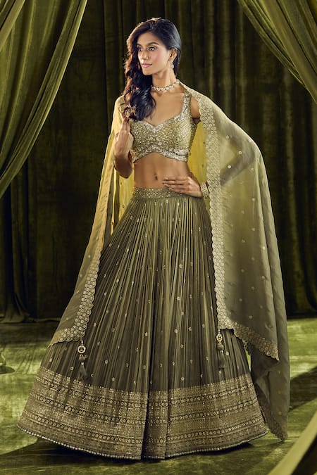 Ariyana By Aza Green Silk, Organza Cut Work, Sequins, Zari Hand Embroidered Lehenga Set at Aza Fashions Ariyana By Aza_Green Silk, Organza Cut Work, Sequins, Zari Hand Embroidered Lehenga Set _at_Aza_Fashions