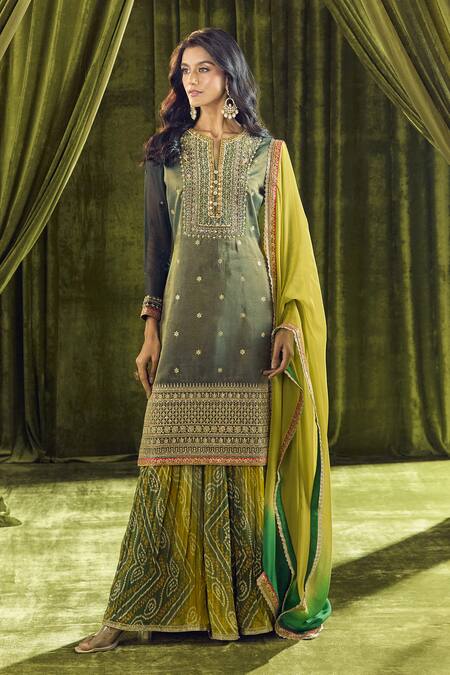 Buy_Samyukta Singhania_Green Organza, Georgette Sequins, Hand Kurta Set With Bandhani Sharara _Online_at_Aza_Fashions