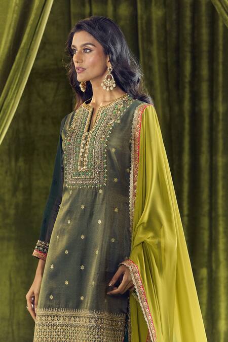 Shop_Samyukta Singhania_Green Organza, Georgette Sequins, Hand Kurta Set With Bandhani Sharara _Online_at_Aza_Fashions