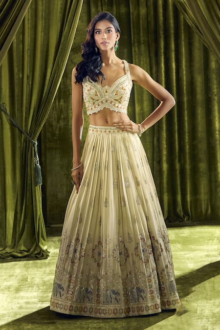Ariyana By Aza Cream Silk, Organza, Georgette Cut Work, Elephant Hand Embroidered Lehenga Set Online at Aza Fashions Ariyana By Aza_Cream Silk, Organza, Georgette Cut Work, Elephant Hand Embroidered Lehenga Set _Online_at_Aza_Fashions