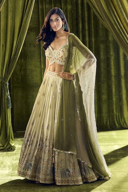 Shop Ariyana By Aza Cream Silk, Organza, Georgette Cut Work, Elephant Hand Embroidered Lehenga Set Online at Aza Fashions Shop_Ariyana By Aza_Cream Silk, Organza, Georgette Cut Work, Elephant Hand Embroidered Lehenga Set _Online_at_Aza_Fashions