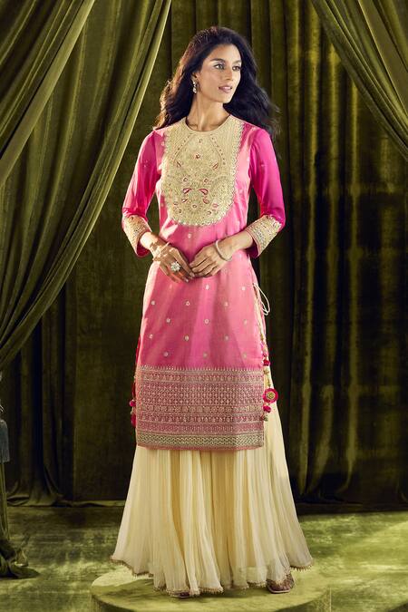 Samyukta Singhania_Pink Silk, Organza Pearls, Sequins, Zari, Embroidery Round Zardozi Kurta Set _Online_at_Aza_Fashions