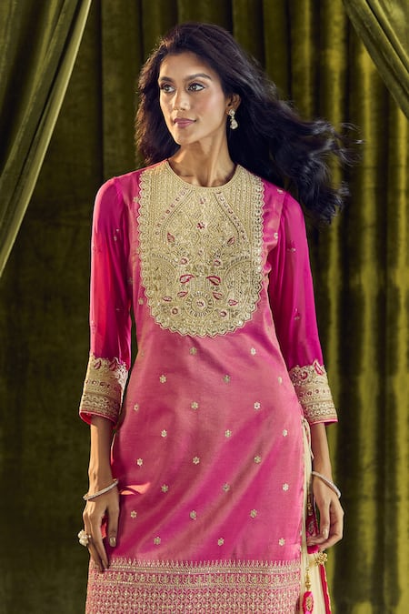 Buy_Samyukta Singhania_Pink Silk, Organza Pearls, Sequins, Zari, Embroidery Round Zardozi Kurta Set _Online_at_Aza_Fashions