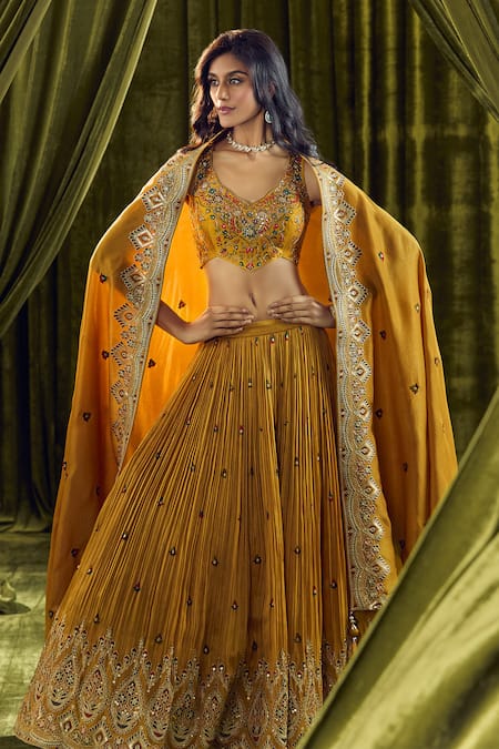 Shop Aariyana Couture Yellow Silk, Organza Zari, Sequins, Embroidery Asymmetric Zardozi Lehenga Set Online at Aza Fashions Shop_Aariyana Couture_Yellow Silk, Organza Zari, Sequins, Embroidery Asymmetric Zardozi Lehenga Set _Online_at_Aza_Fashions