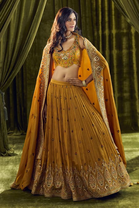 Buy Aariyana Couture Yellow Silk, Organza Zari, Sequins, Embroidery Asymmetric Zardozi Lehenga Set Buy_Aariyana Couture_Yellow Silk, Organza Zari, Sequins, Embroidery Asymmetric Zardozi Lehenga Set