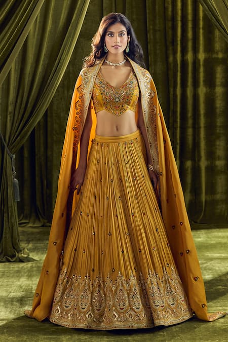 Shop Aariyana Couture Yellow Silk, Organza Zari, Sequins, Embroidery Asymmetric Zardozi Lehenga Set Shop_Aariyana Couture_Yellow Silk, Organza Zari, Sequins, Embroidery Asymmetric Zardozi Lehenga Set