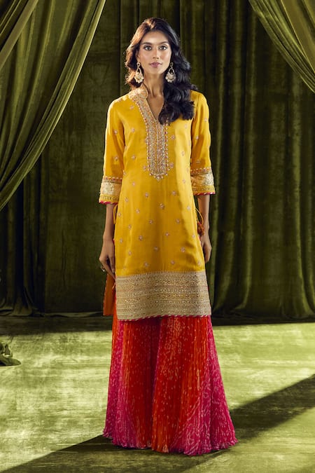 Samyukta Singhania Yellow Silk, Organza, Georgette Zari, Pearls Mandarin Bandhani Print Sharara Set Online at Aza Fashions Samyukta Singhania_Yellow Silk, Organza, Georgette Zari, Pearls Mandarin Bandhani Print Sharara Set _Online_at_Aza_Fashions