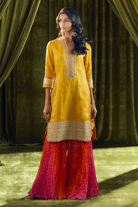 Buy Samyukta Singhania Yellow Silk, Organza, Georgette Zari, Pearls Mandarin Bandhani Print Sharara Set Online at Aza Fashions Buy_Samyukta Singhania_Yellow Silk, Organza, Georgette Zari, Pearls Mandarin Bandhani Print Sharara Set _Online_at_Aza_Fashions