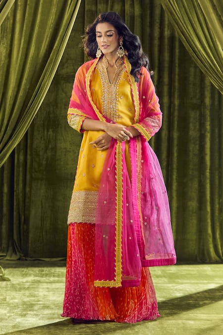 Shop Samyukta Singhania Yellow Silk, Organza, Georgette Zari, Pearls Mandarin Bandhani Print Sharara Set Online at Aza Fashions Shop_Samyukta Singhania_Yellow Silk, Organza, Georgette Zari, Pearls Mandarin Bandhani Print Sharara Set _Online_at_Aza_Fashions