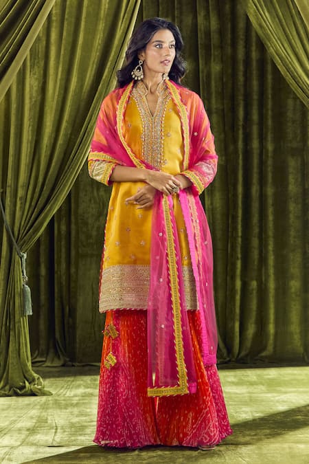 Samyukta Singhania Yellow Silk, Organza, Georgette Zari, Pearls Mandarin Bandhani Print Sharara Set at Aza Fashions Samyukta Singhania_Yellow Silk, Organza, Georgette Zari, Pearls Mandarin Bandhani Print Sharara Set _at_Aza_Fashions
