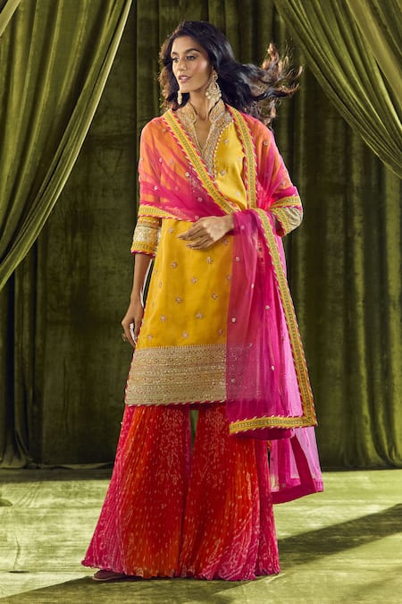 Shop Samyukta Singhania Yellow Silk, Organza, Georgette Zari, Pearls Mandarin Bandhani Print Sharara Set Shop_Samyukta Singhania_Yellow Silk, Organza, Georgette Zari, Pearls Mandarin Bandhani Print Sharara Set