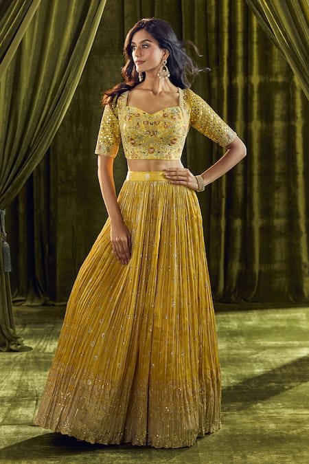 Ariyana By Aza Yellow Silk, Organza Sequins, Mirrors, Zari, Embroidery Floral Lehenga Set Online at Aza Fashions Ariyana By Aza_Yellow Silk, Organza Sequins, Mirrors, Zari, Embroidery Floral Lehenga Set _Online_at_Aza_Fashions