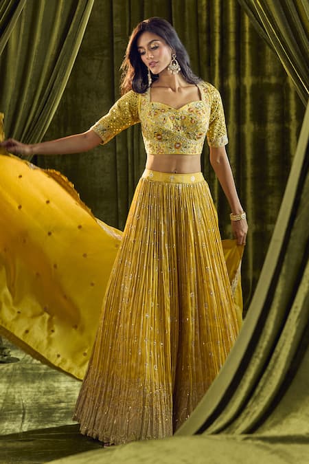 Buy Ariyana By Aza Yellow Silk, Organza Sequins, Mirrors, Zari, Embroidery Floral Lehenga Set Online at Aza Fashions Buy_Ariyana By Aza_Yellow Silk, Organza Sequins, Mirrors, Zari, Embroidery Floral Lehenga Set _Online_at_Aza_Fashions