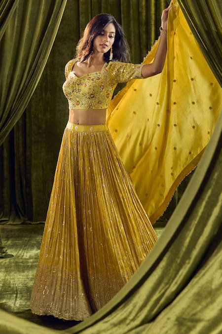 Shop Ariyana By Aza Yellow Silk, Organza Sequins, Mirrors, Zari, Embroidery Floral Lehenga Set Online at Aza Fashions Shop_Ariyana By Aza_Yellow Silk, Organza Sequins, Mirrors, Zari, Embroidery Floral Lehenga Set _Online_at_Aza_Fashions
