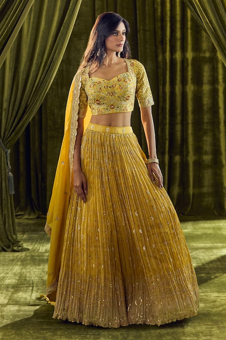 Buy Ariyana By Aza Yellow Silk, Organza Sequins, Mirrors, Zari, Embroidery Floral Lehenga Set Buy_Ariyana By Aza_Yellow Silk, Organza Sequins, Mirrors, Zari, Embroidery Floral Lehenga Set