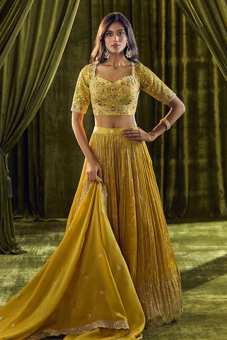 Shop Ariyana By Aza Yellow Silk, Organza Sequins, Mirrors, Zari, Embroidery Floral Lehenga Set Shop_Ariyana By Aza_Yellow Silk, Organza Sequins, Mirrors, Zari, Embroidery Floral Lehenga Set