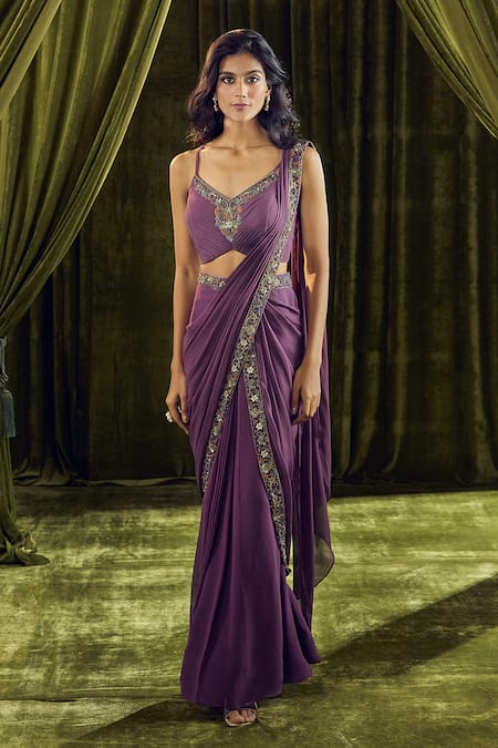 Samyukta Singhania_Wine Silk, Georgette Sequins, Beads V-neck Embroidered Pre-draped Saree Set _Online_at_Aza_Fashions