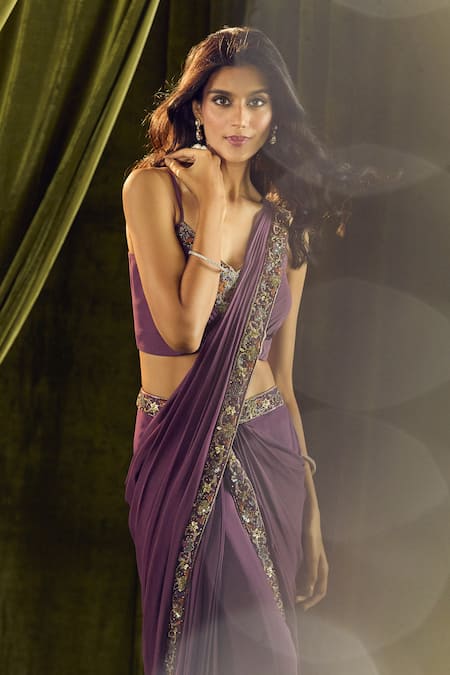 Buy_Samyukta Singhania_Wine Silk, Georgette Sequins, Beads V-neck Embroidered Pre-draped Saree Set _Online_at_Aza_Fashions