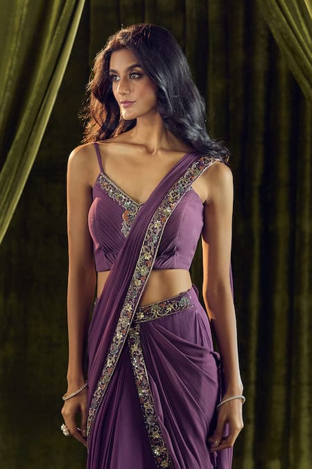 Samyukta Singhania_Wine Silk, Georgette Sequins, Beads V-neck Embroidered Pre-draped Saree Set _at_Aza_Fashions